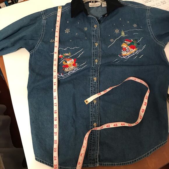 Holiday Denim Shirt Embroidered Snowman Y2K - Picture 8 of 9